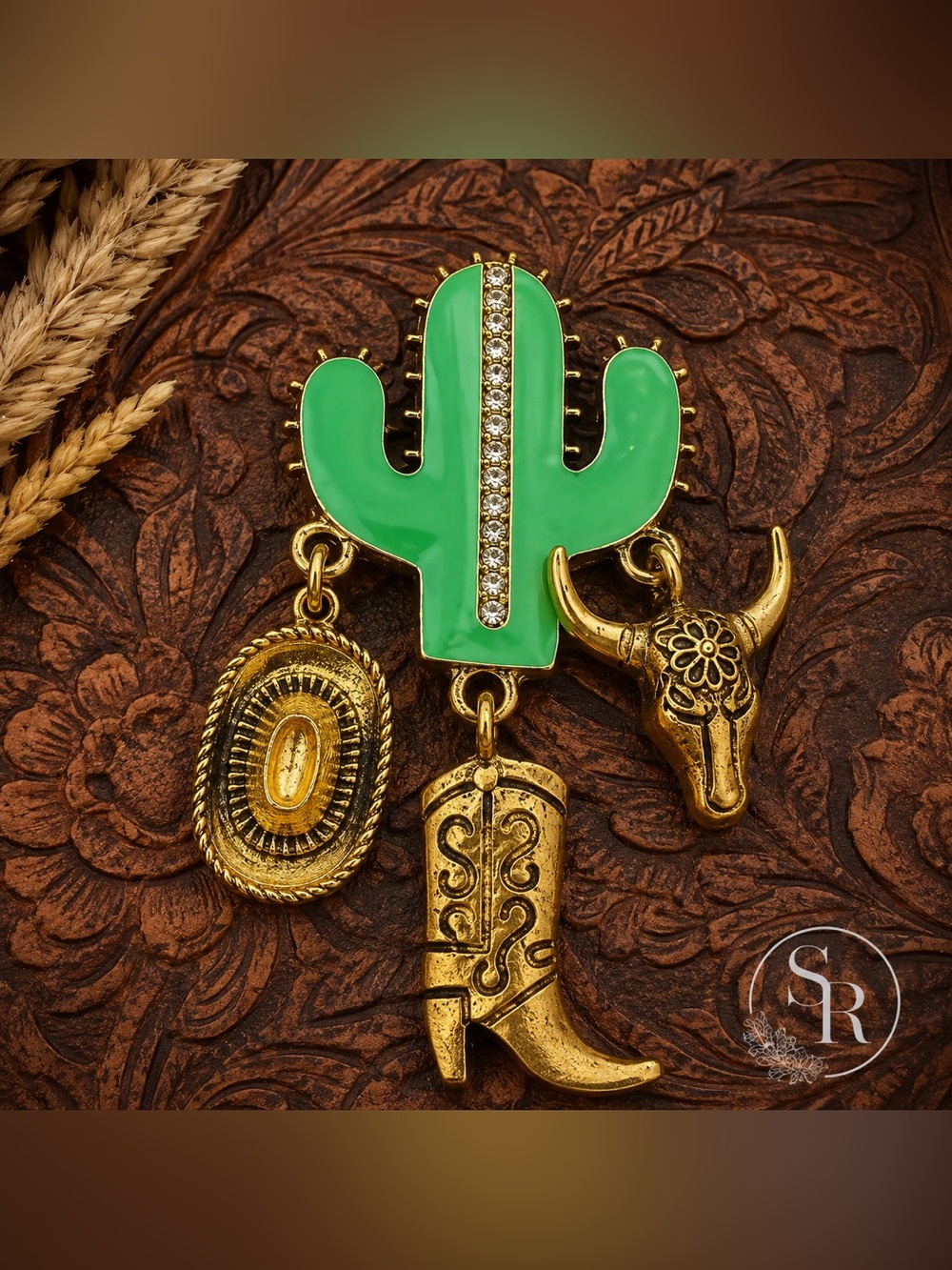 Western Cactus Brooch Pin Green Enamel Rhinestone Cowboy Boot Longhorn Gold NWT